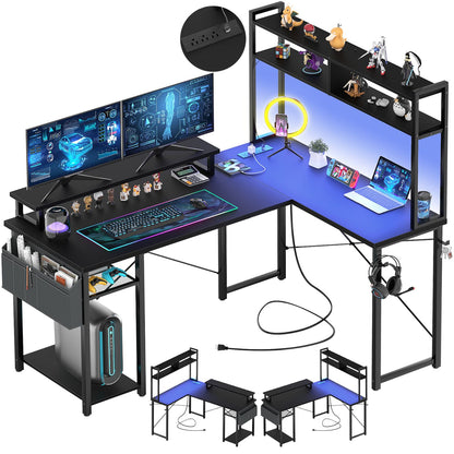 L Desk Computer Table with Reversible Hutch and Charging Station