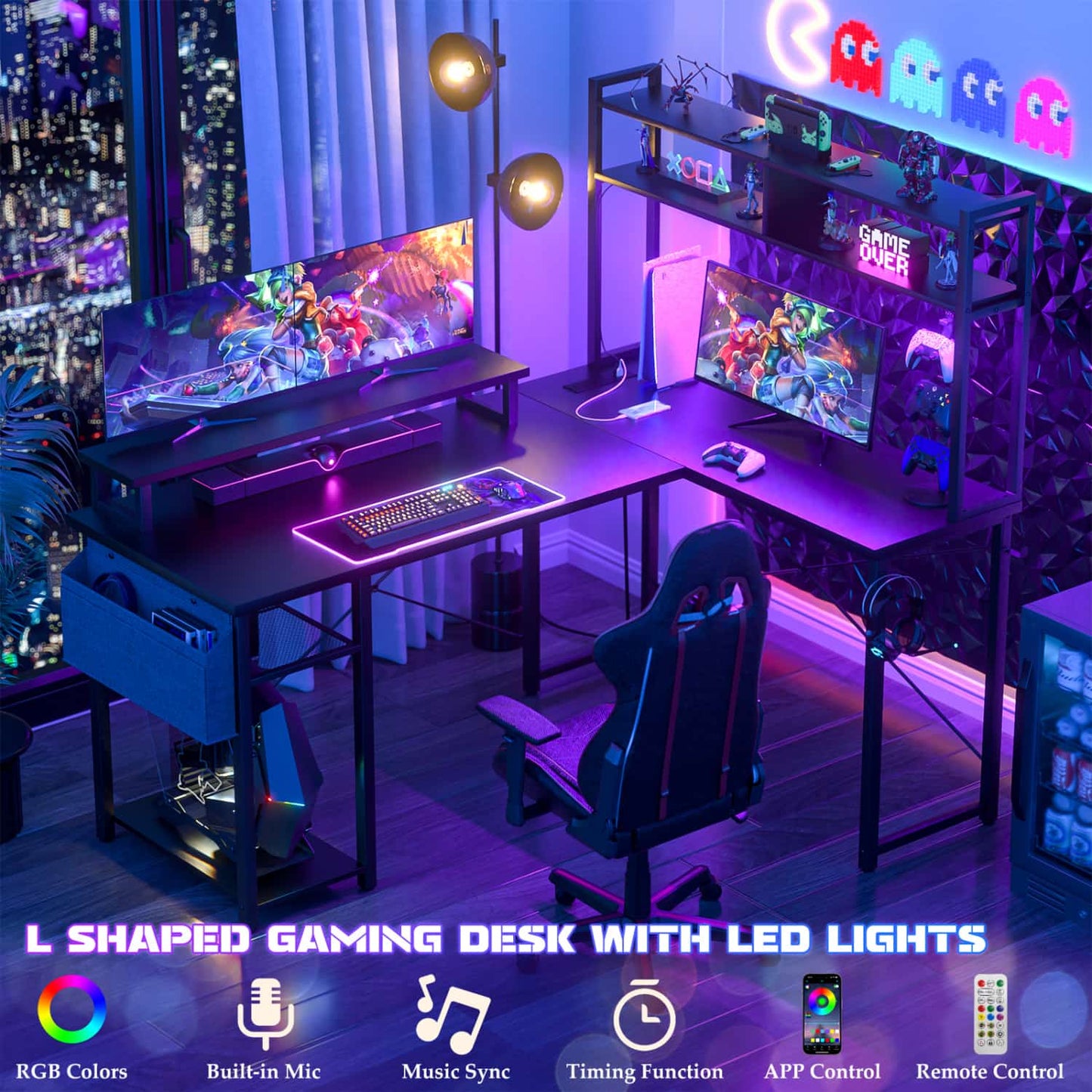 L Desk Computer Table with Reversible Hutch and Charging Station