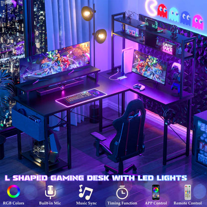 L Desk Computer Table with Reversible Hutch and Charging Station