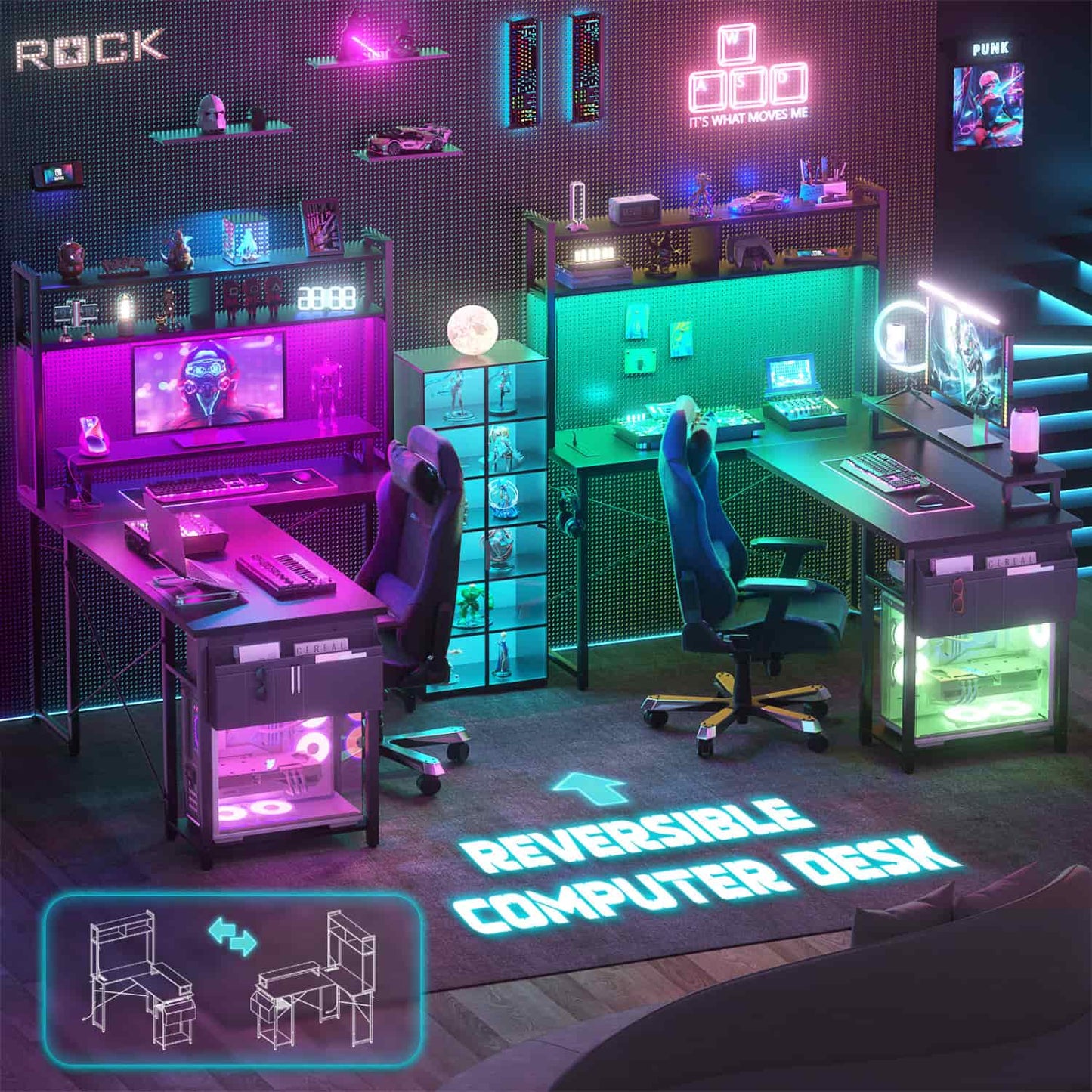 L Desk Computer Table with Reversible Hutch and Charging Station