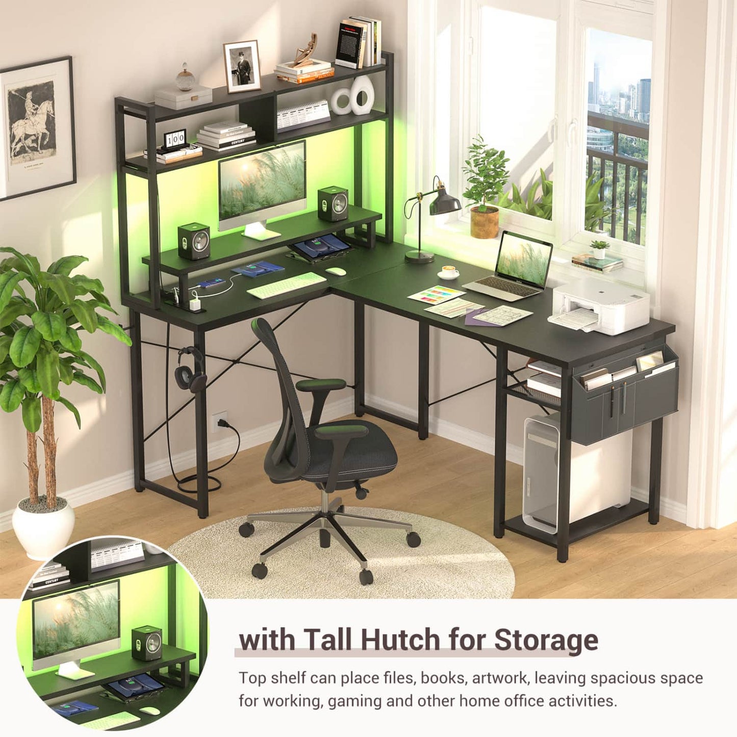 L Desk Computer Table with Reversible Hutch and Charging Station