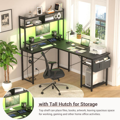 L Desk Computer Table with Reversible Hutch and Charging Station