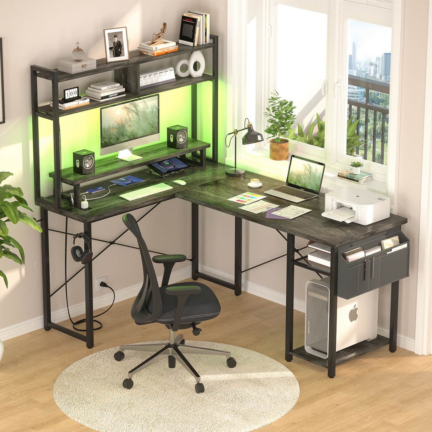 L Desk Computer Table with Reversible Hutch and Charging Station