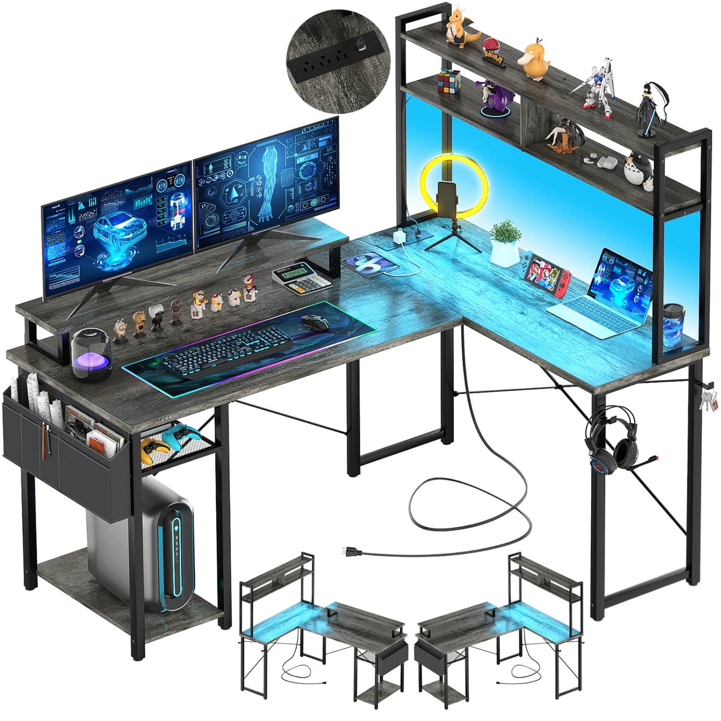 L Desk Computer Table with Reversible Hutch and Charging Station