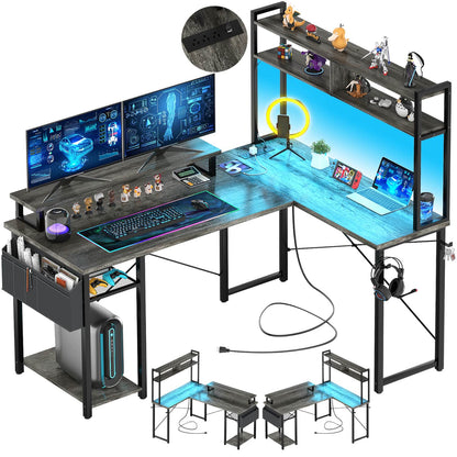 L Desk Computer Table with Reversible Hutch and Charging Station