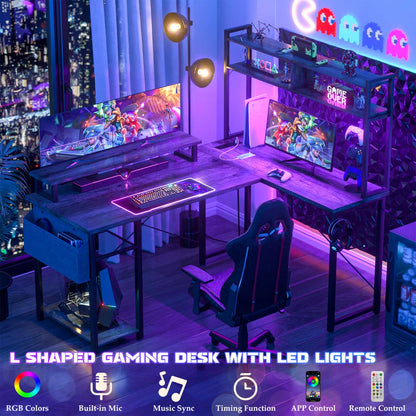 L Desk Computer Table with Reversible Hutch and Charging Station