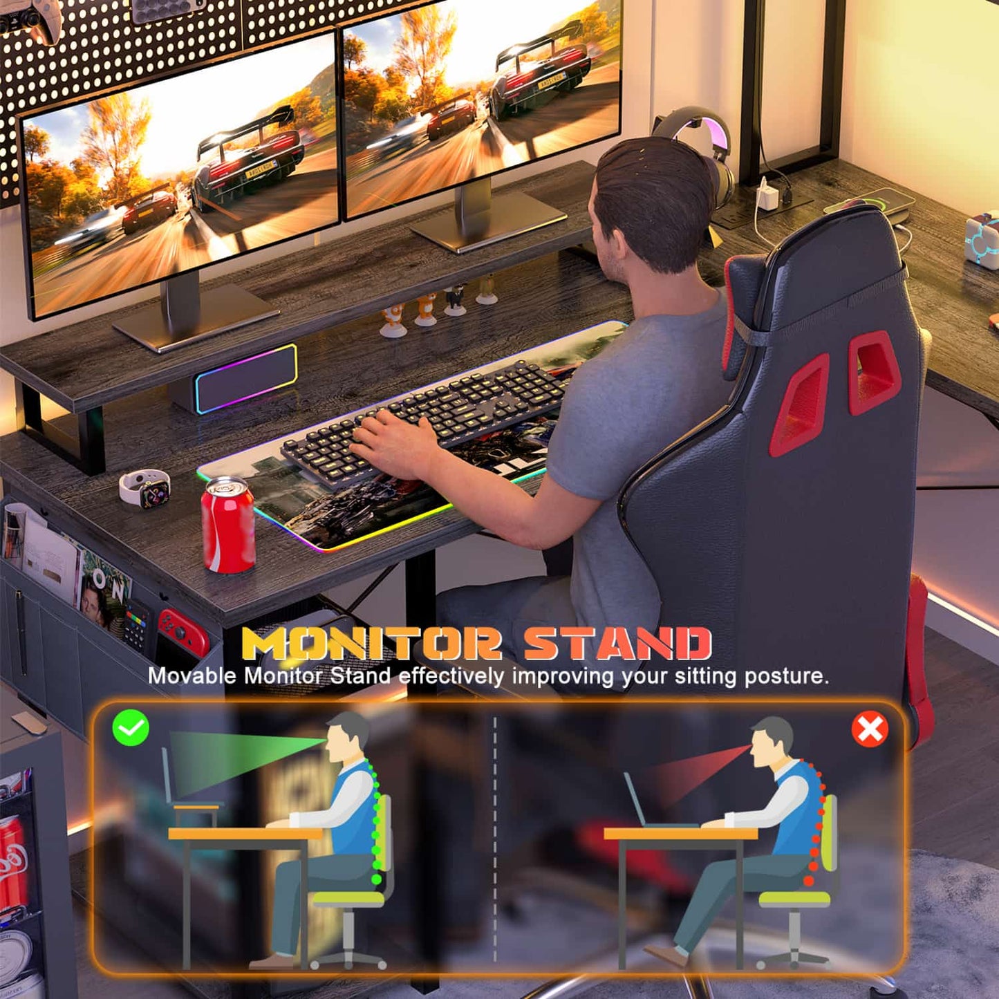 L Desk Computer Table with Reversible Hutch and Charging Station