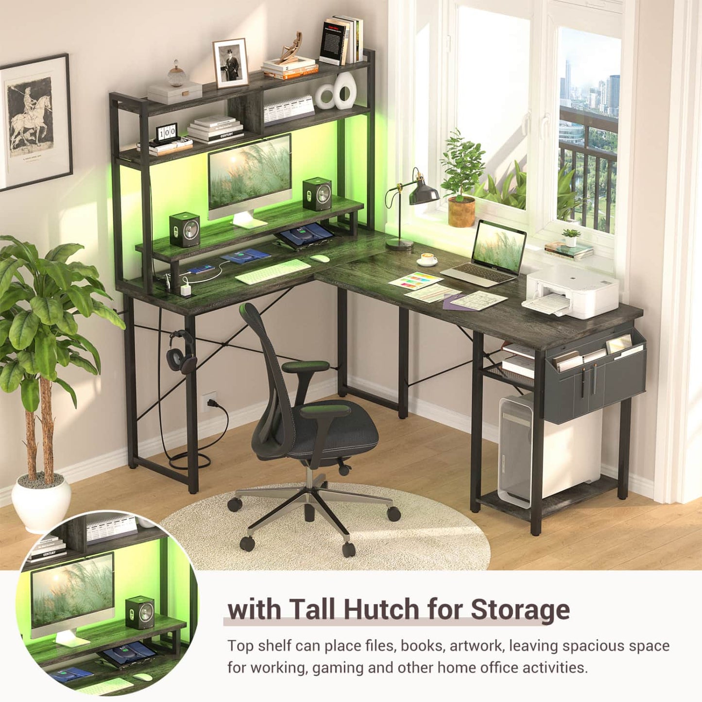 L Desk Computer Table with Reversible Hutch and Charging Station