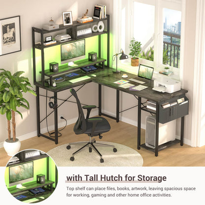 L Desk Computer Table with Reversible Hutch and Charging Station