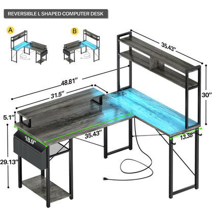 L Desk Computer Table with Reversible Hutch and Charging Station
