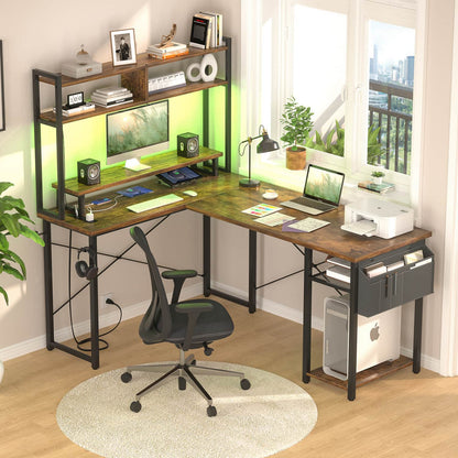 L Desk Computer Table with Reversible Hutch and Charging Station