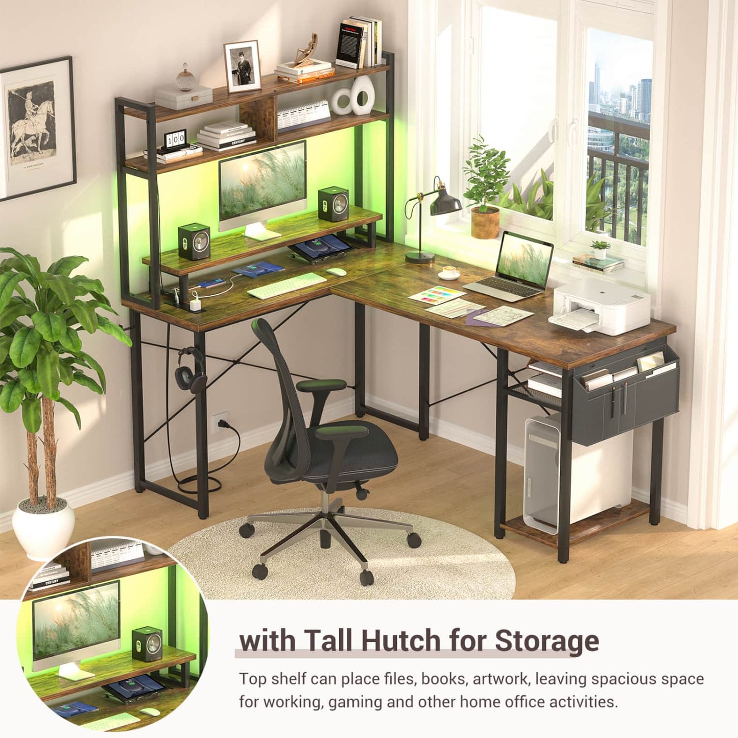 L Desk Computer Table with Reversible Hutch and Charging Station