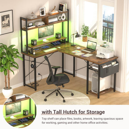 L Desk Computer Table with Reversible Hutch and Charging Station