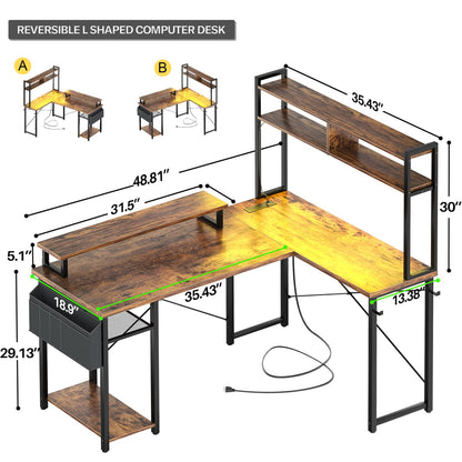 L Desk Computer Table with Reversible Hutch and Charging Station