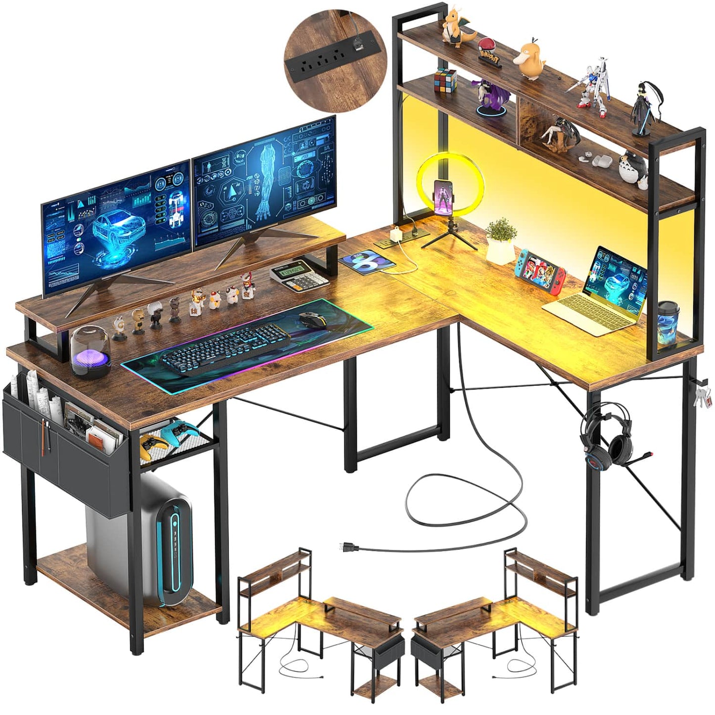 L Desk Computer Table with Reversible Hutch and Charging Station