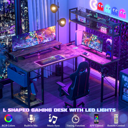 L Desk Computer Table with Reversible Hutch and Charging Station