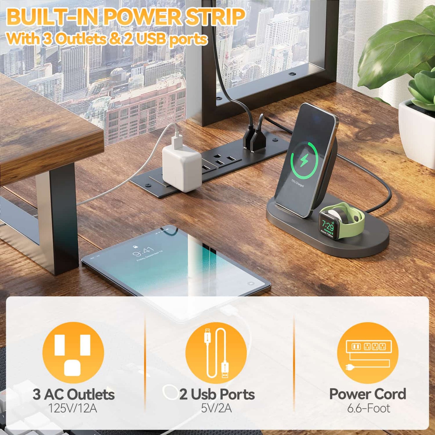 L Desk Computer Table with Reversible Hutch and Charging Station