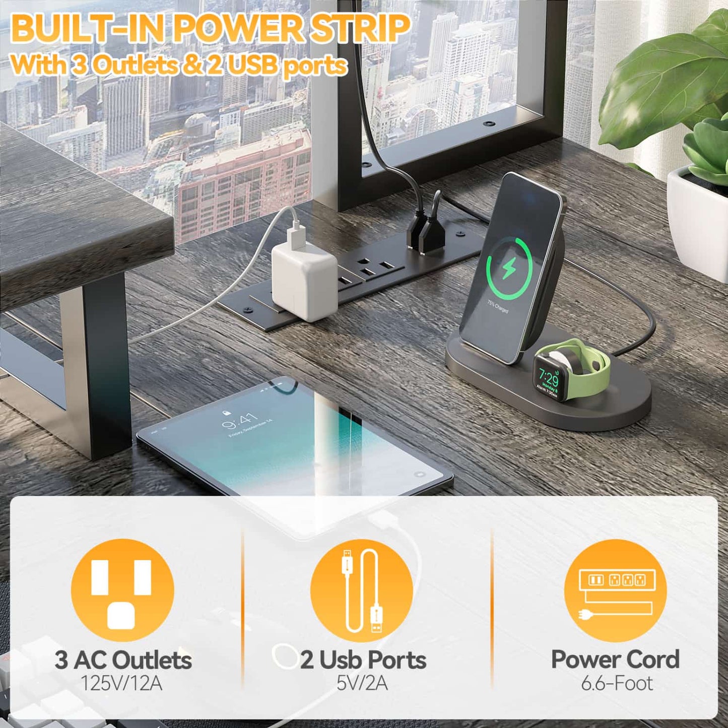 L Desk Computer Table with Reversible Hutch and Charging Station