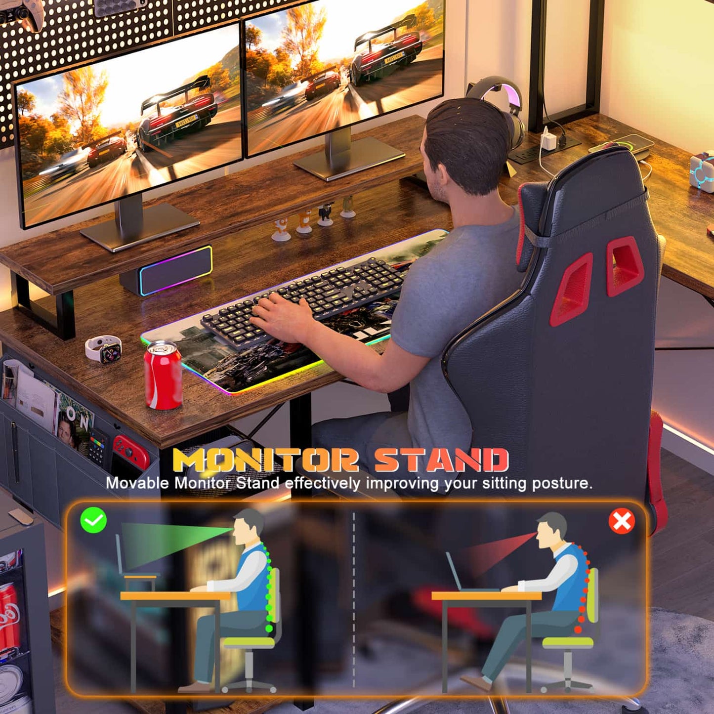 L Desk Computer Table with Reversible Hutch and Charging Station