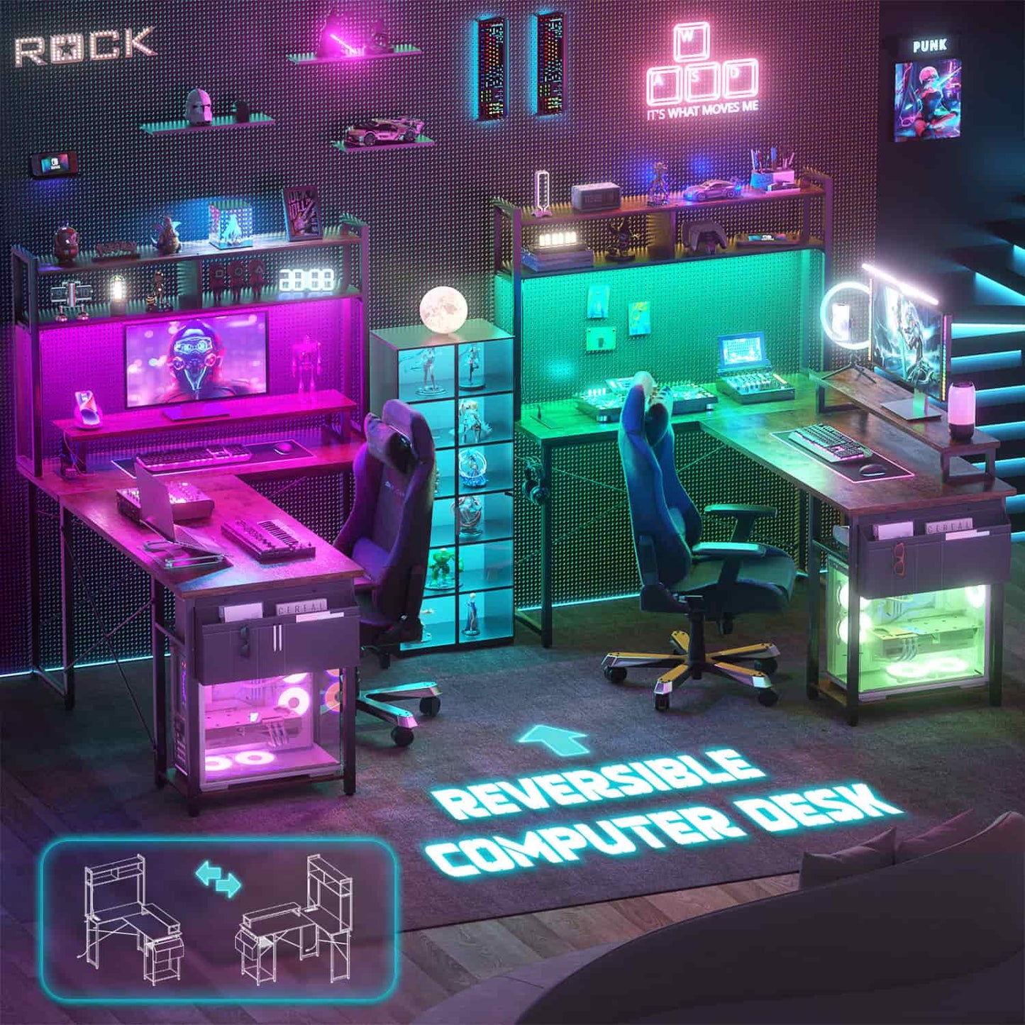 L Desk Computer Table with Reversible Hutch and Charging Station