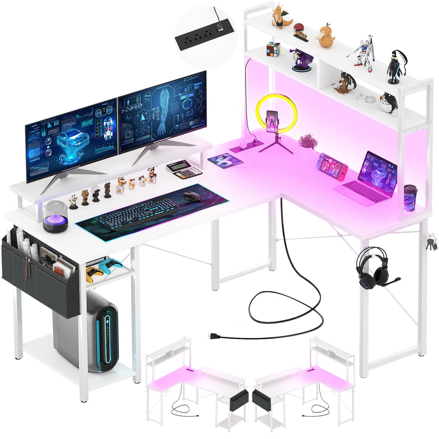 L Desk Computer Table with Reversible Hutch and Charging Station