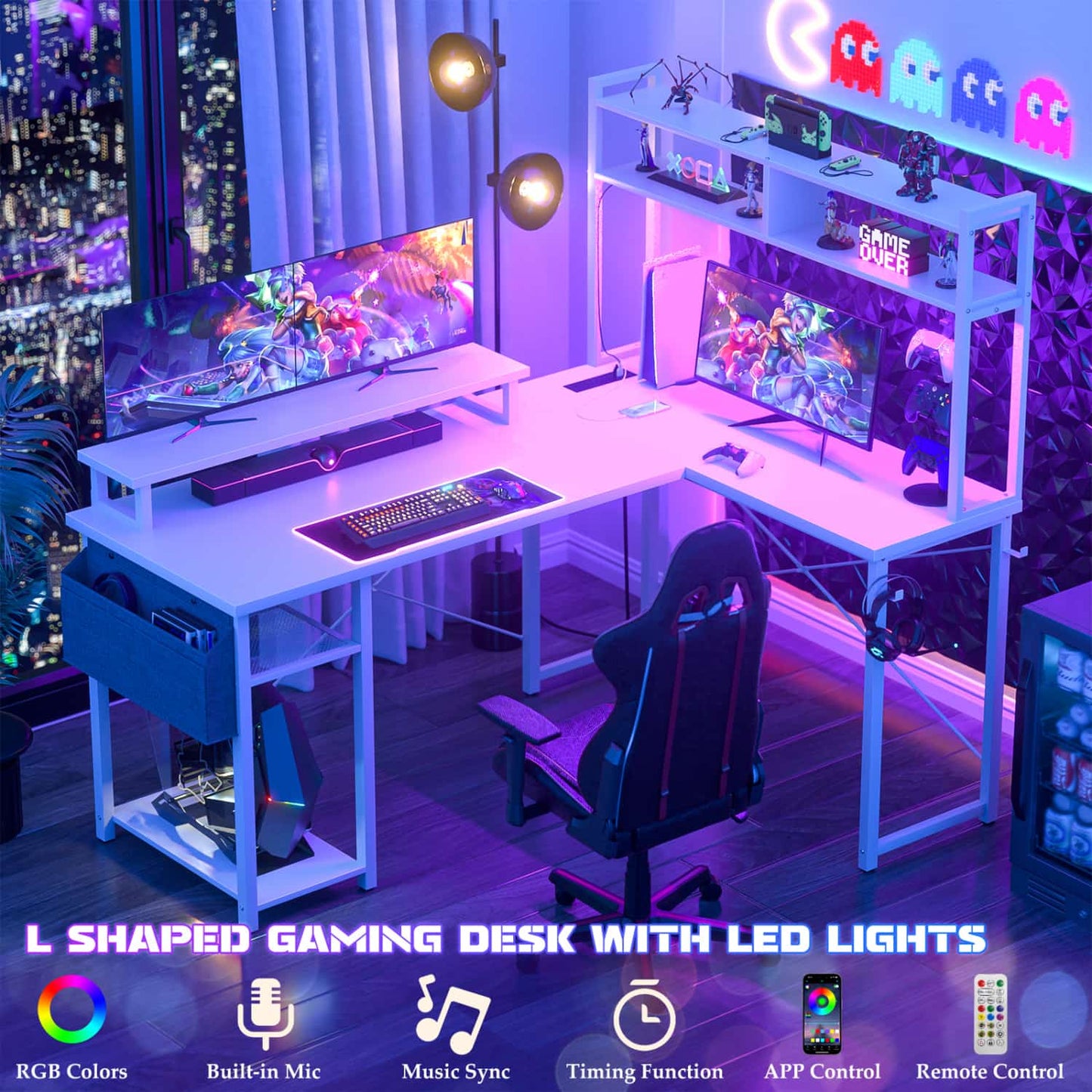 L Desk Computer Table with Reversible Hutch and Charging Station