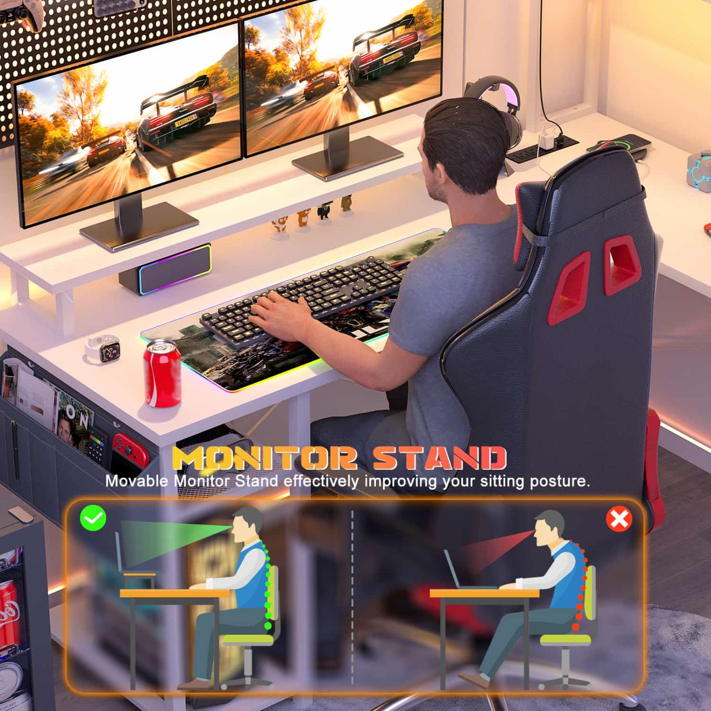 L Desk Computer Table with Reversible Hutch and Charging Station