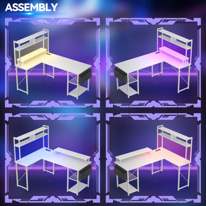 L Desk Computer Table with Reversible Hutch and Charging Station
