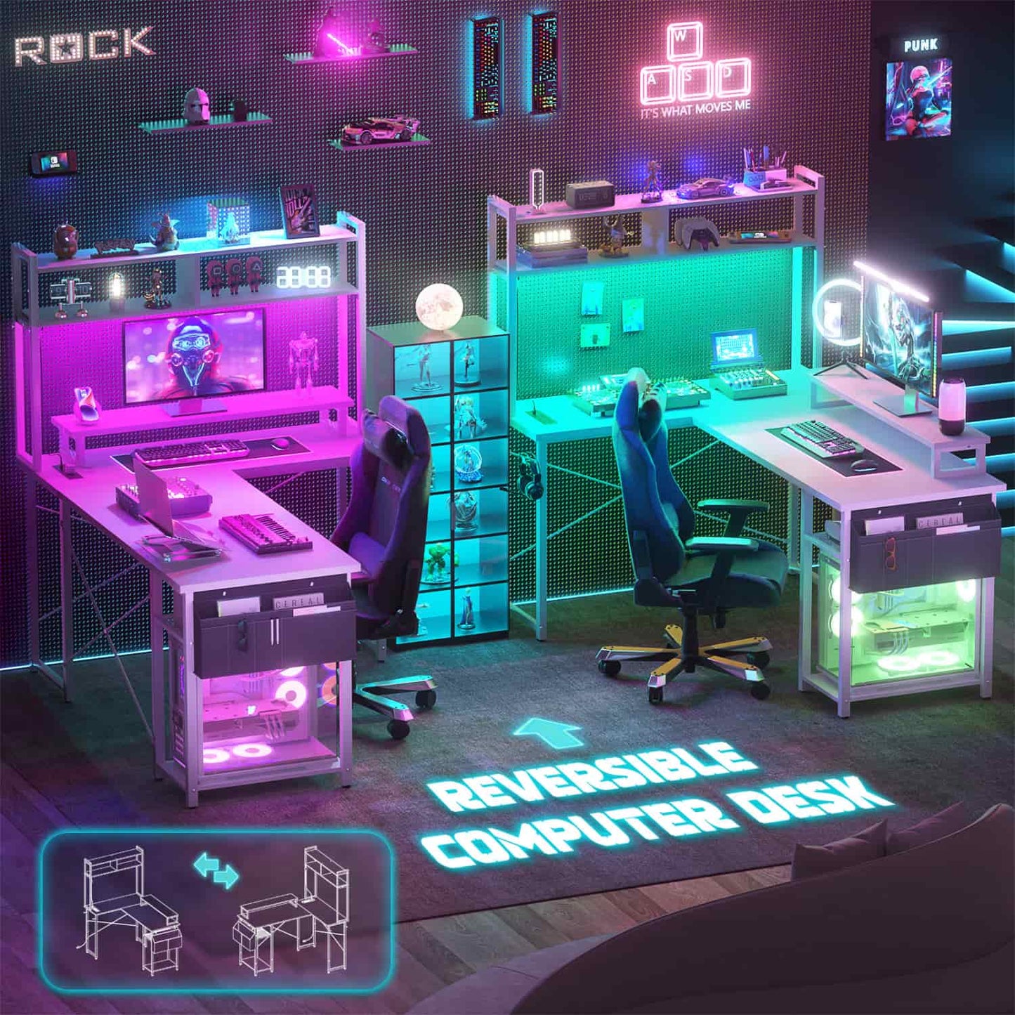 L Desk Computer Table with Reversible Hutch and Charging Station