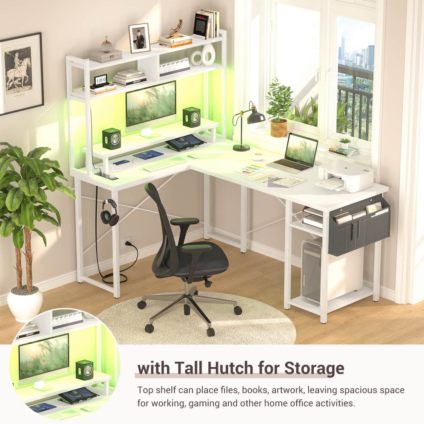L Desk Computer Table with Reversible Hutch and Charging Station