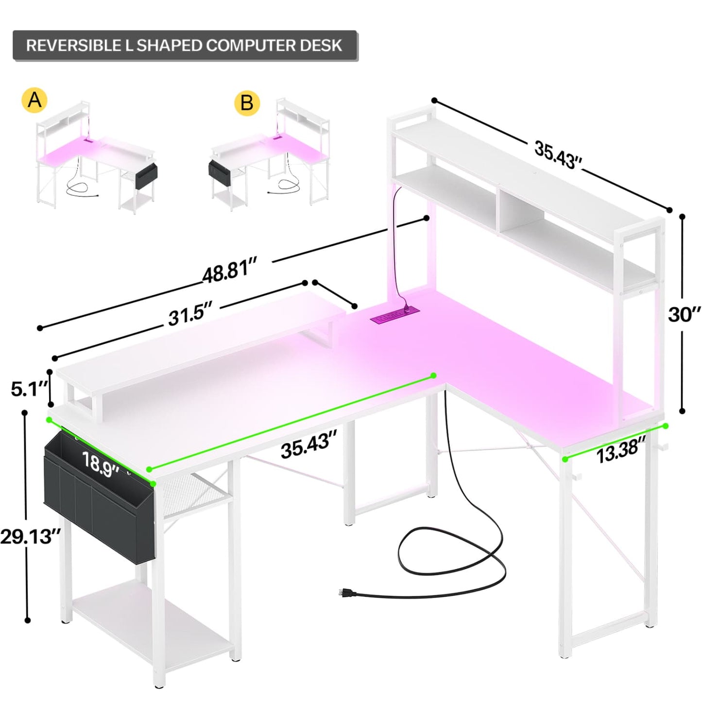 L Desk Computer Table with Reversible Hutch and Charging Station