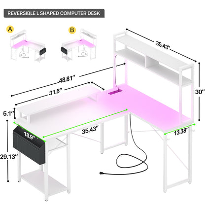 L Desk Computer Table with Reversible Hutch and Charging Station