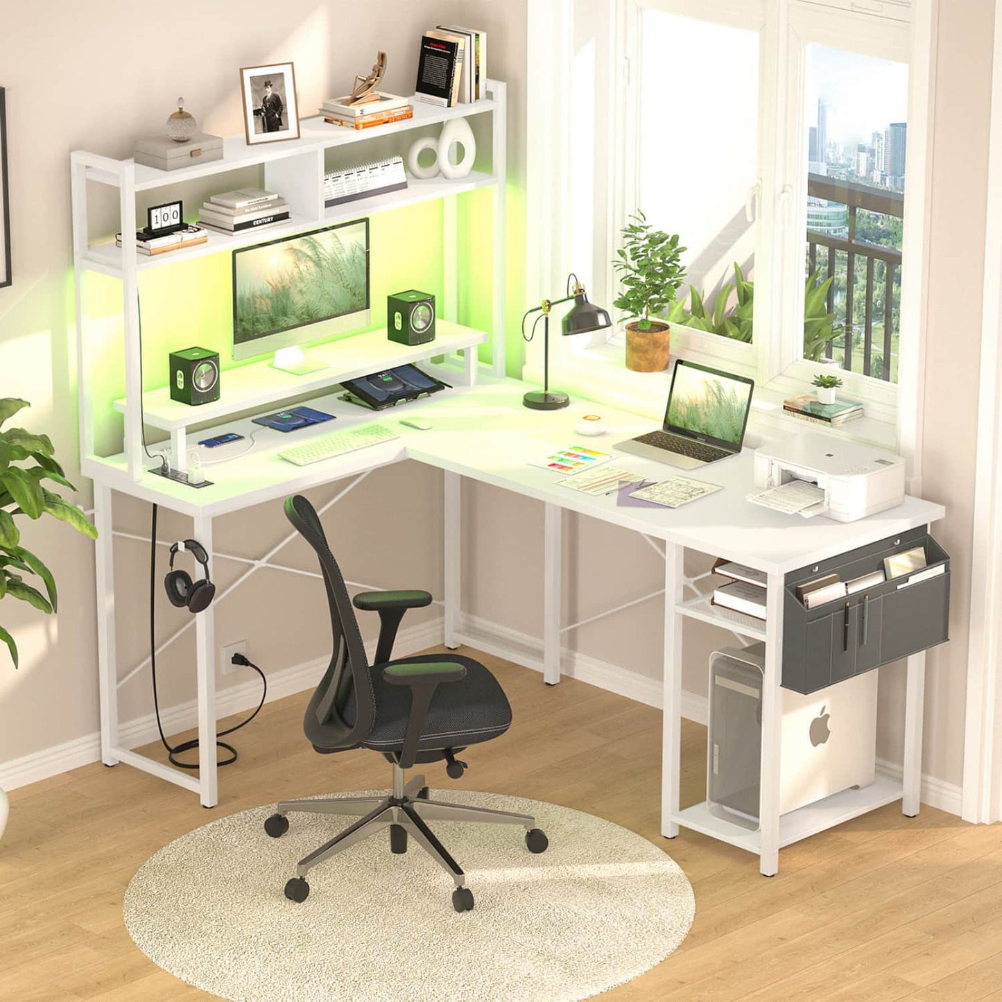 L Desk Computer Table with Reversible Hutch and Charging Station