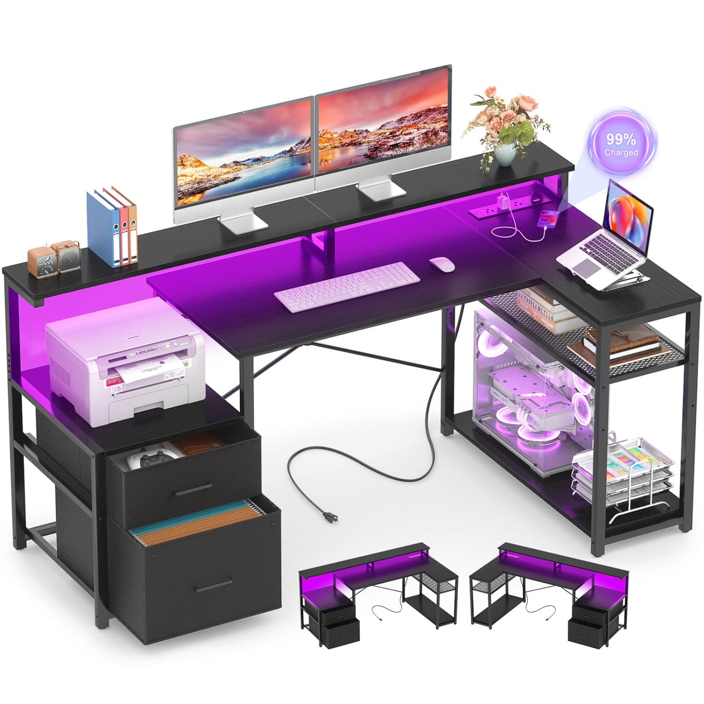 57-In L Shaped Computer Desk with Charging Station for Home Office