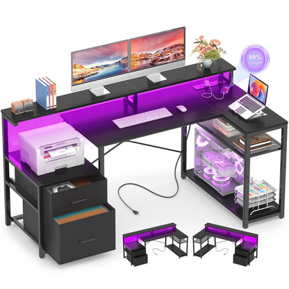 57-In L Shaped Computer Desk with Charging Station for Home Office