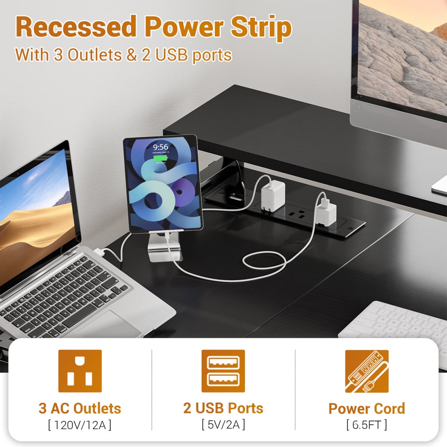 57-In L Shaped Computer Desk with Charging Station for Home Office