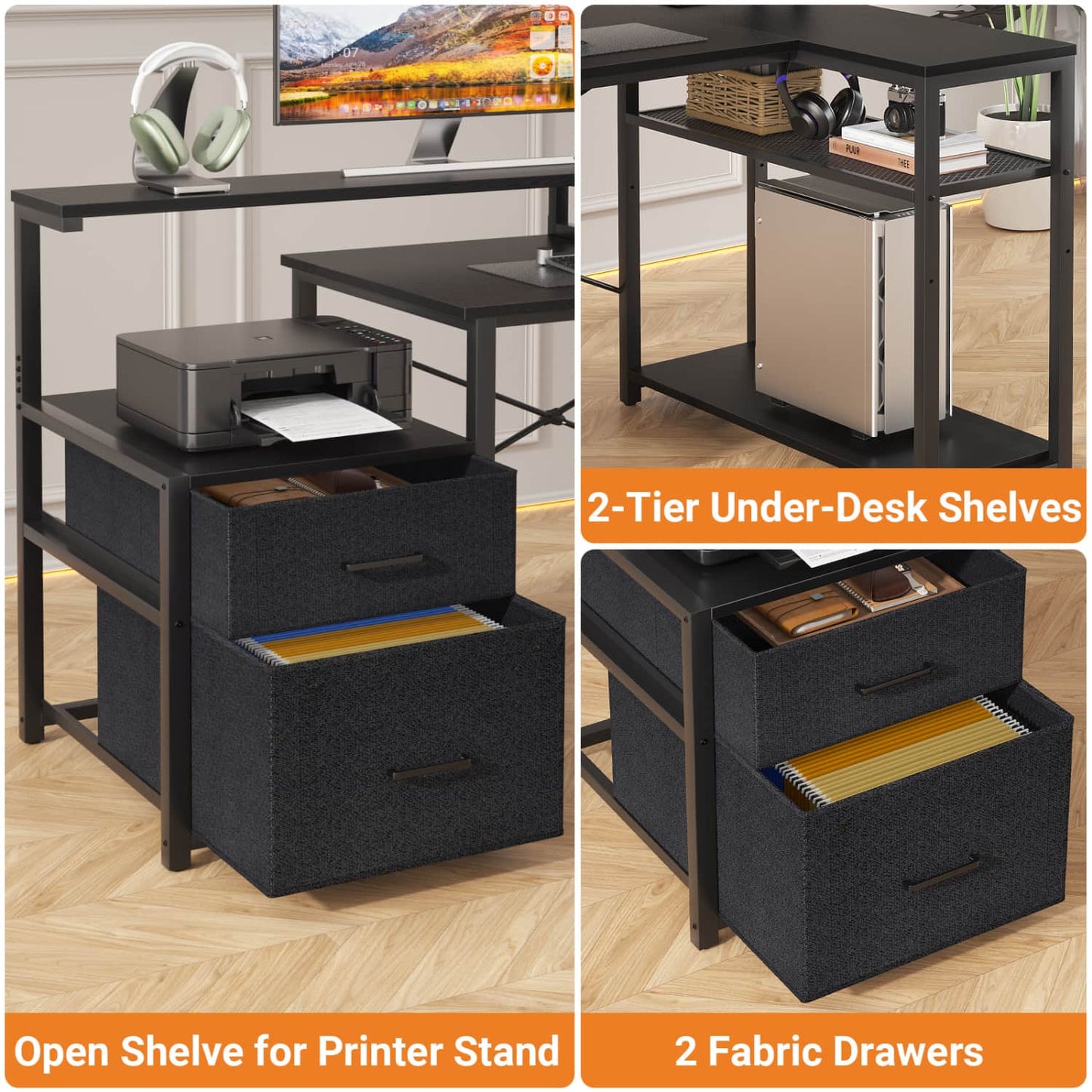57-In L Shaped Computer Desk with Charging Station for Home Office