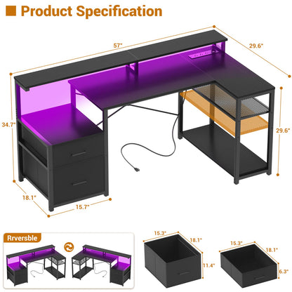 57-In L Shaped Computer Desk with Charging Station for Home Office