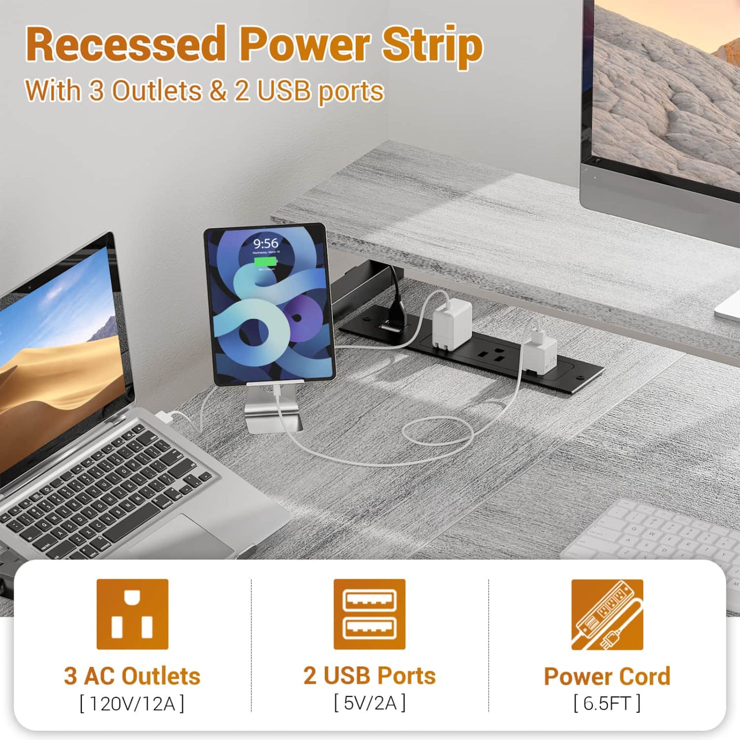 57-In L Shaped Computer Desk with Charging Station for Home Office
