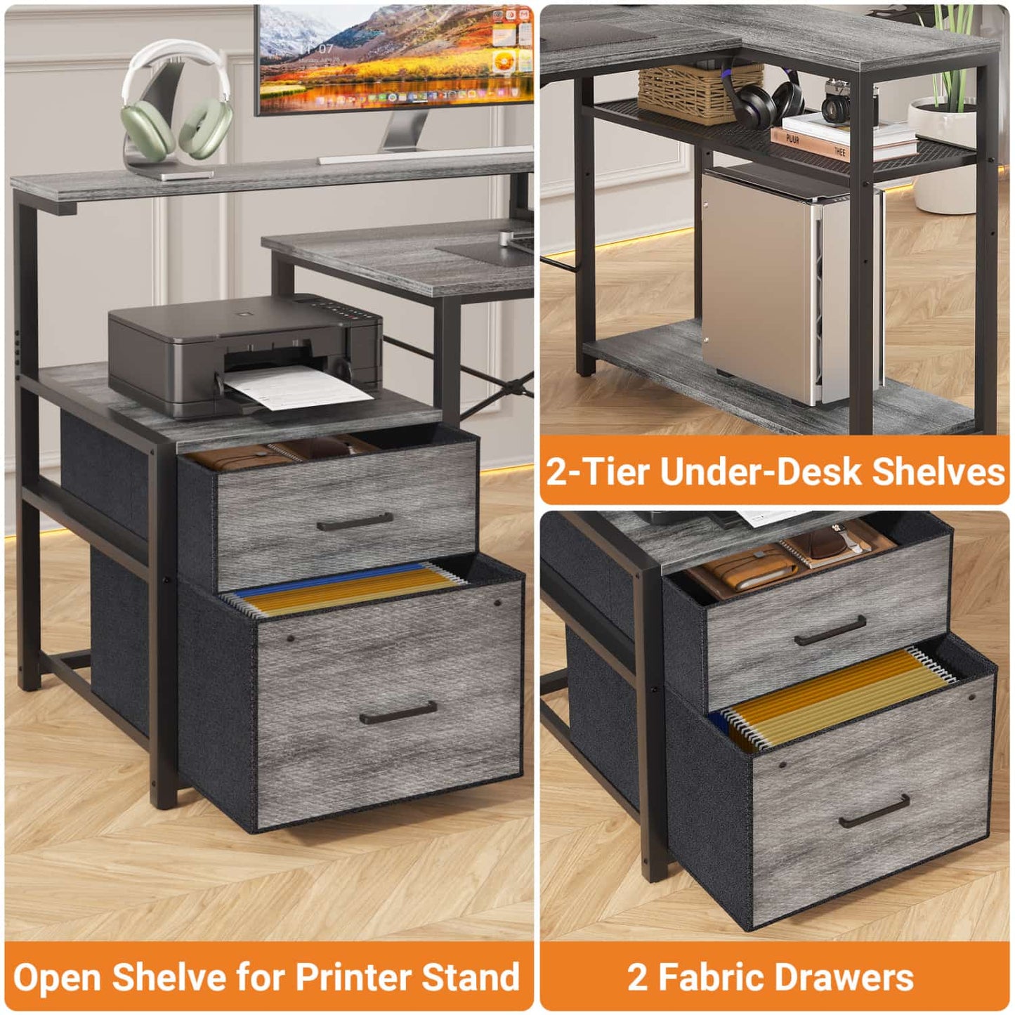 57-In L Shaped Computer Desk with Charging Station for Home Office