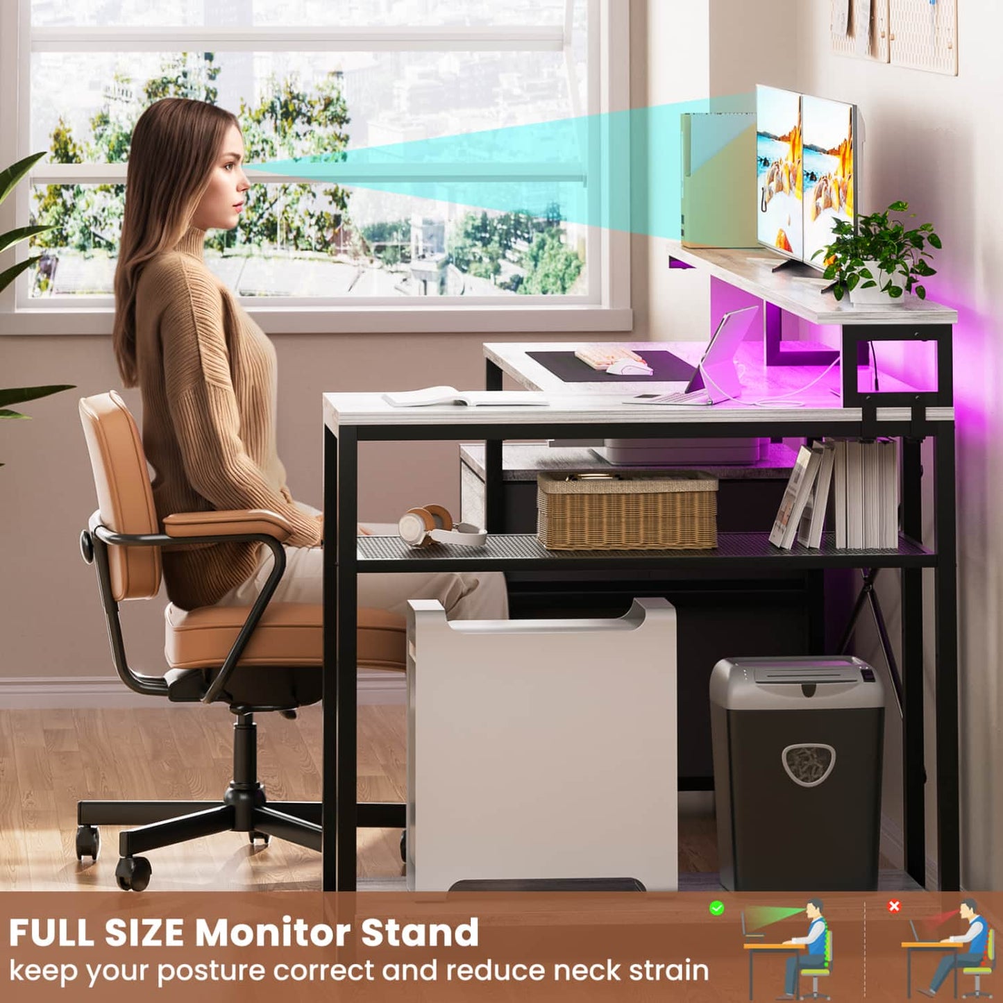 57-In L Shaped Computer Desk with Charging Station for Home Office