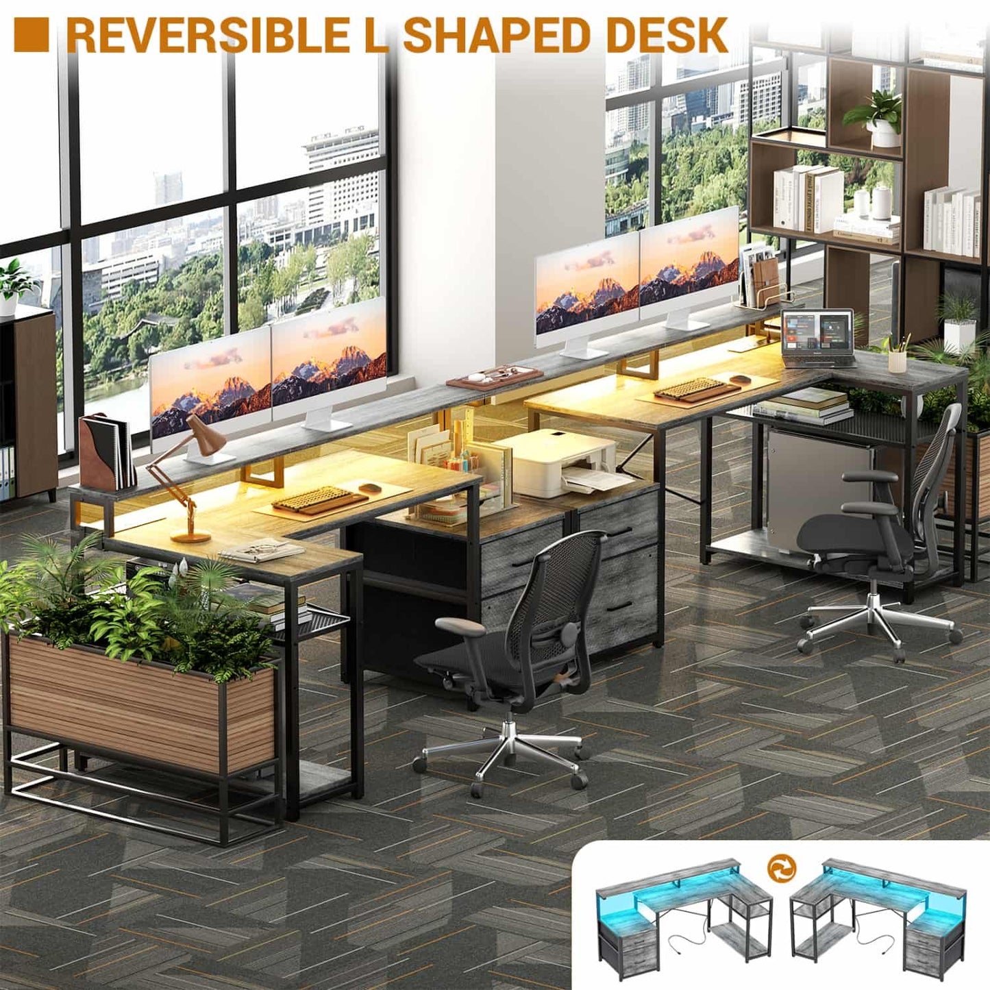 57-In L Shaped Computer Desk with Charging Station for Home Office