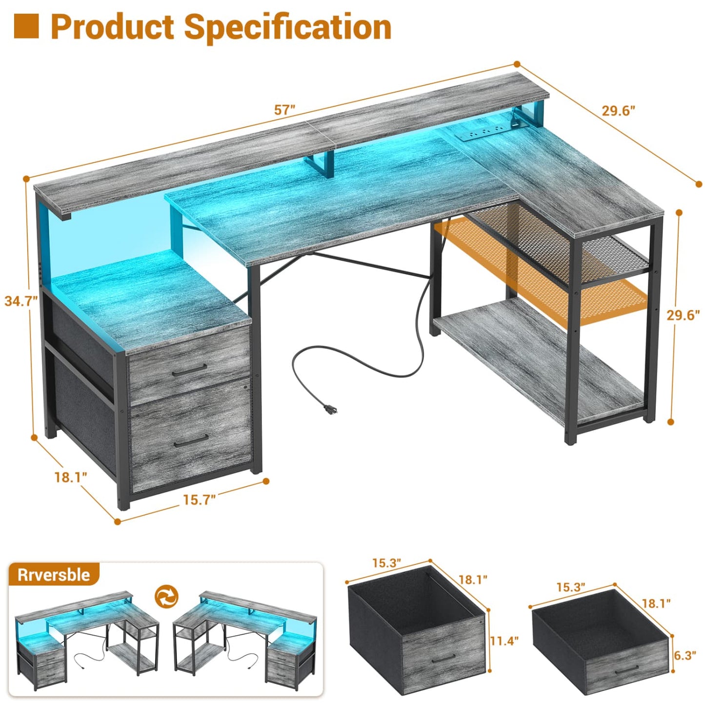57-In L Shaped Computer Desk with Charging Station for Home Office
