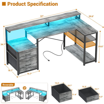57-In L Shaped Computer Desk with Charging Station for Home Office
