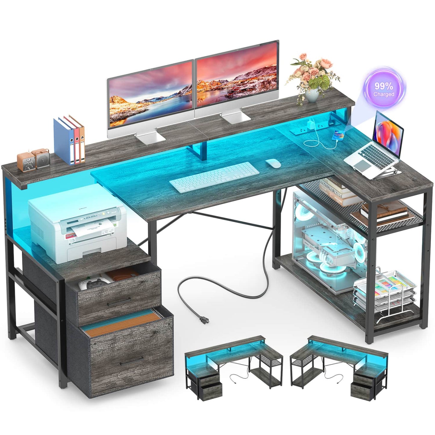 57-In L Shaped Computer Desk with Charging Station for Home Office