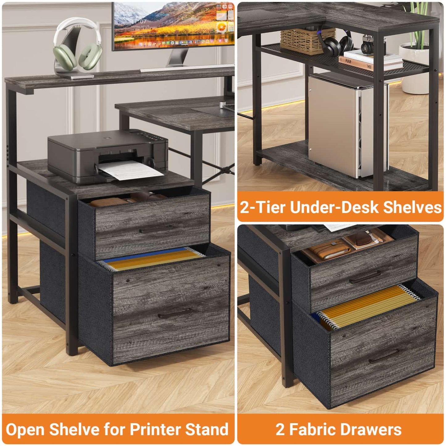 57-In L Shaped Computer Desk with Charging Station for Home Office