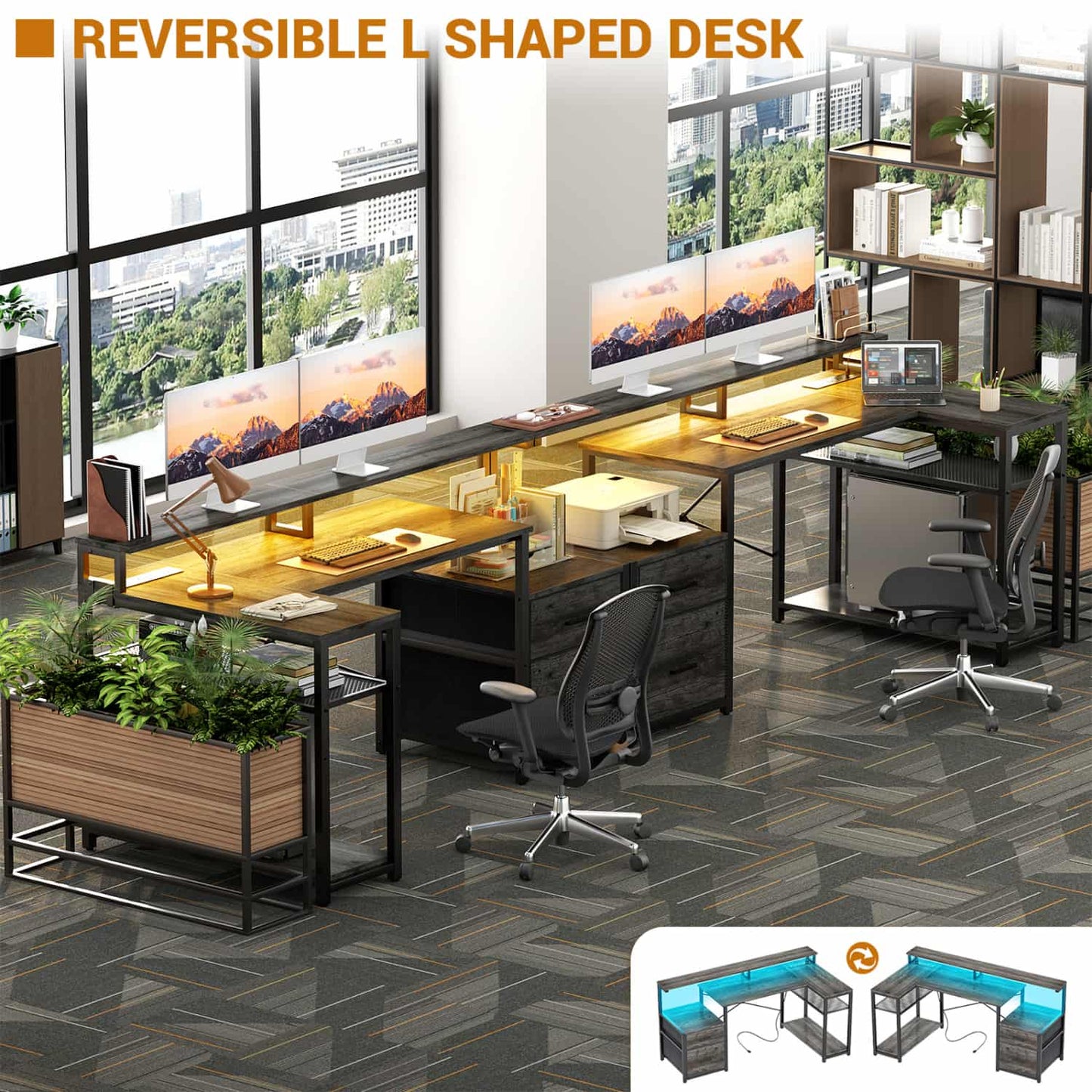 57-In L Shaped Computer Desk with Charging Station for Home Office