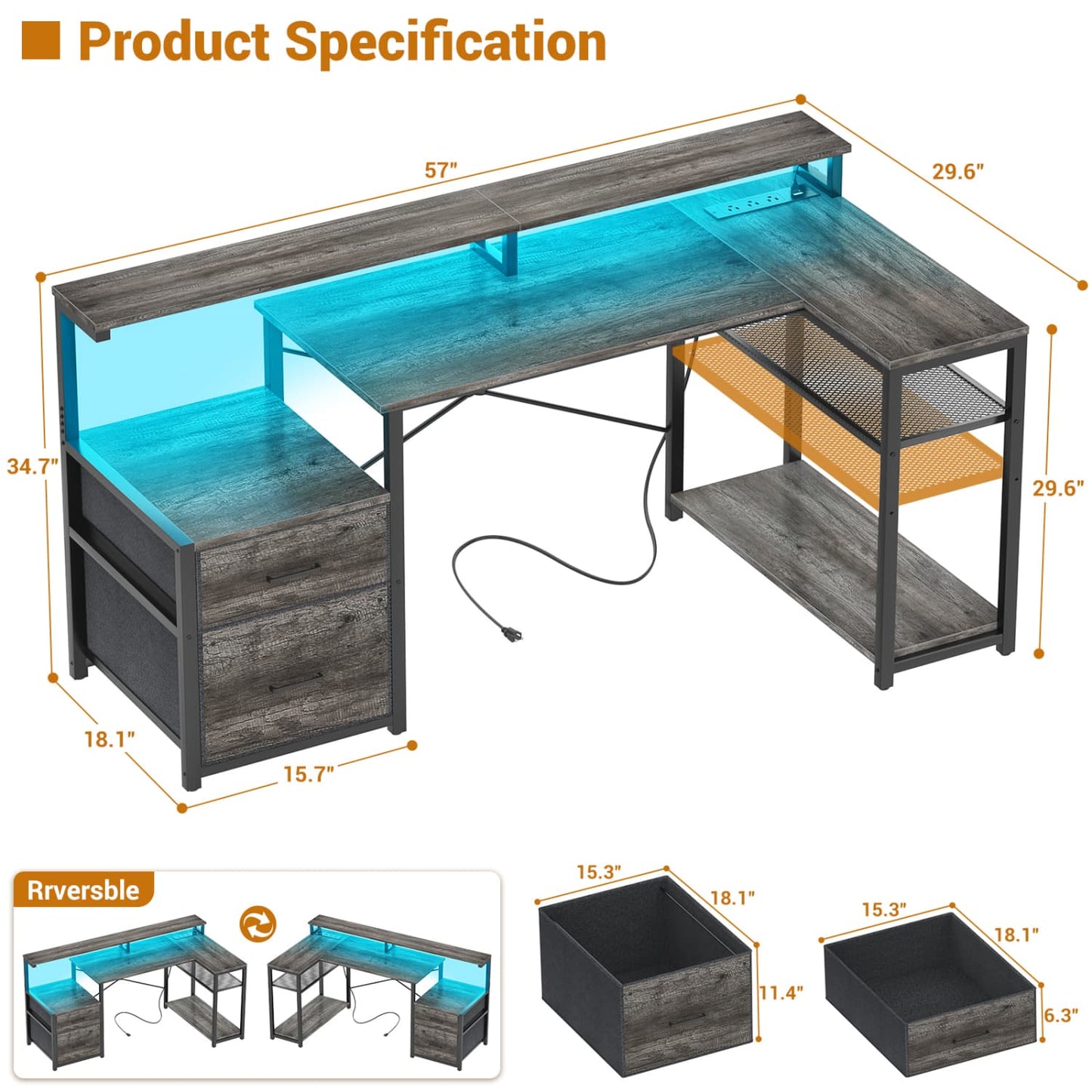 57-In L Shaped Computer Desk with Charging Station for Home Office