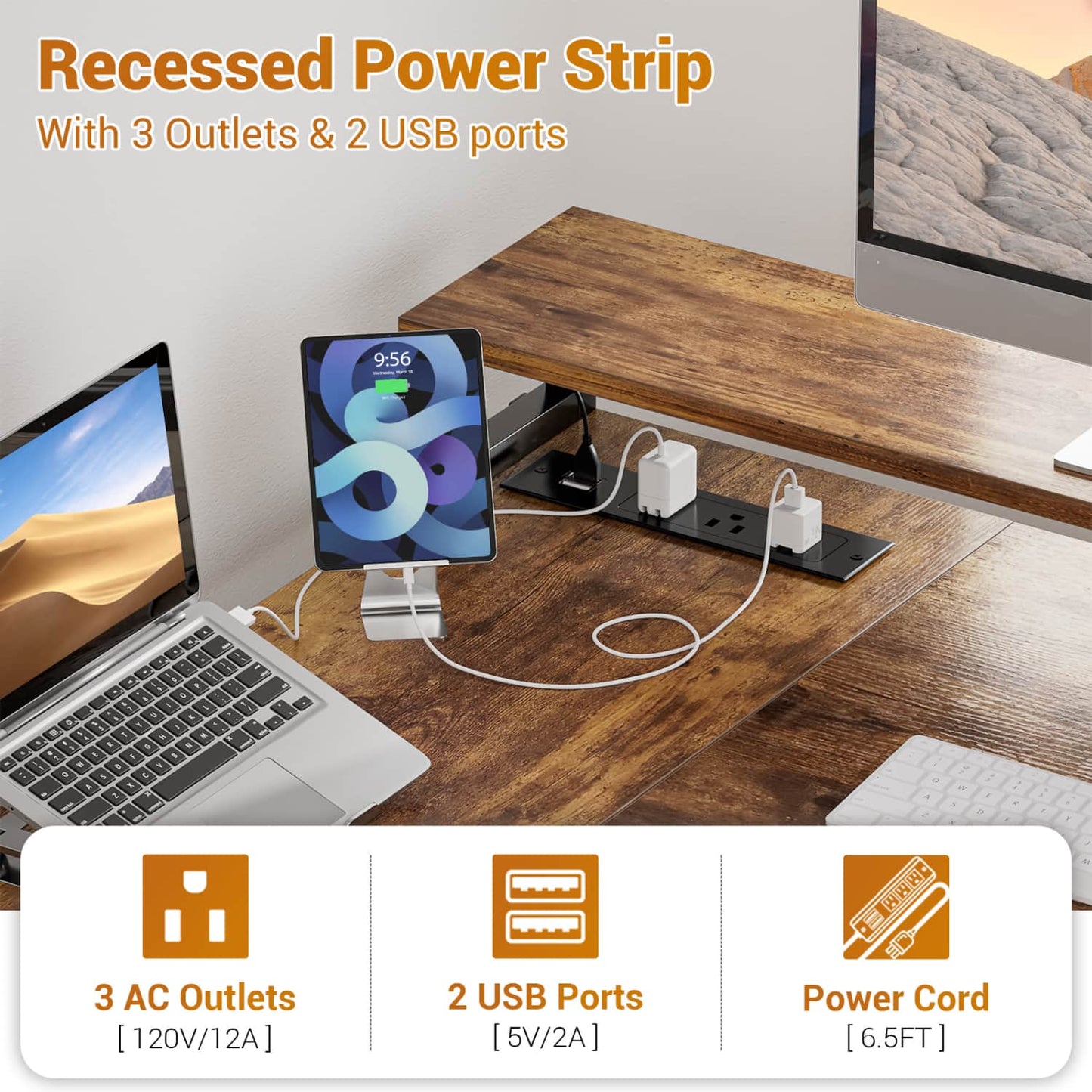57-In L Shaped Computer Desk with Charging Station for Home Office