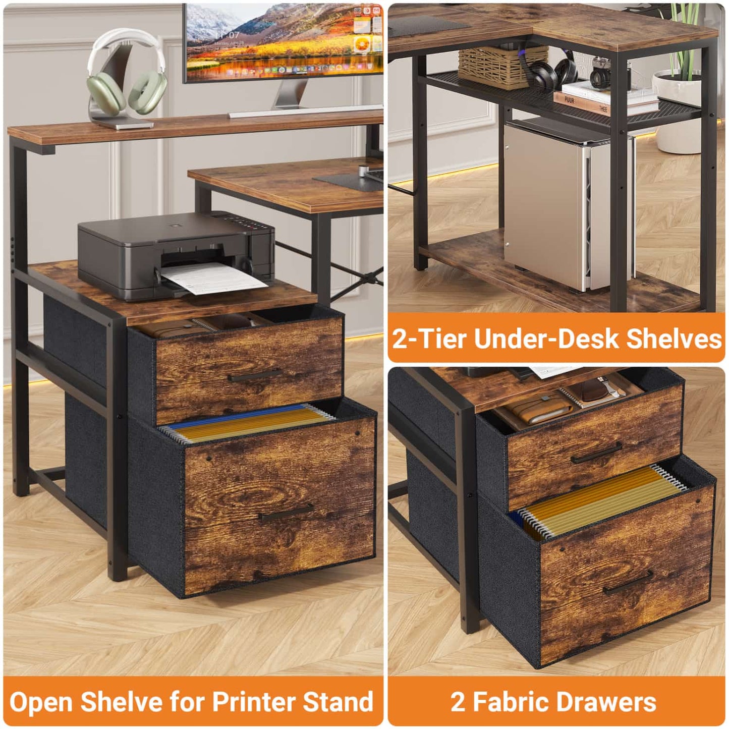 57-In L Shaped Computer Desk with Charging Station for Home Office